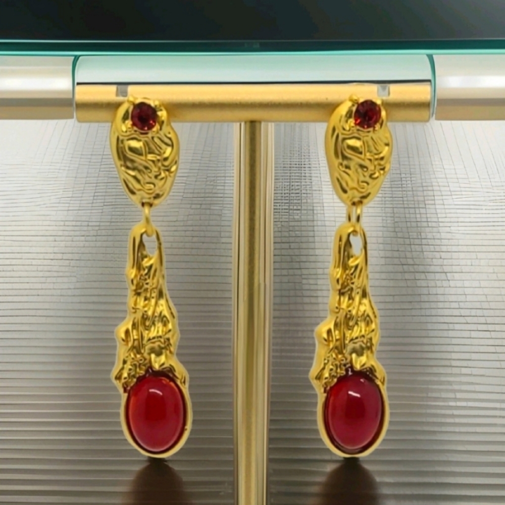 Vintage Baroque Palace Red Stone Gold Drop Earrings